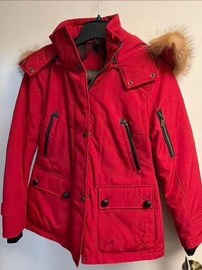 Red Parka Jacket with Faux Fur Trim